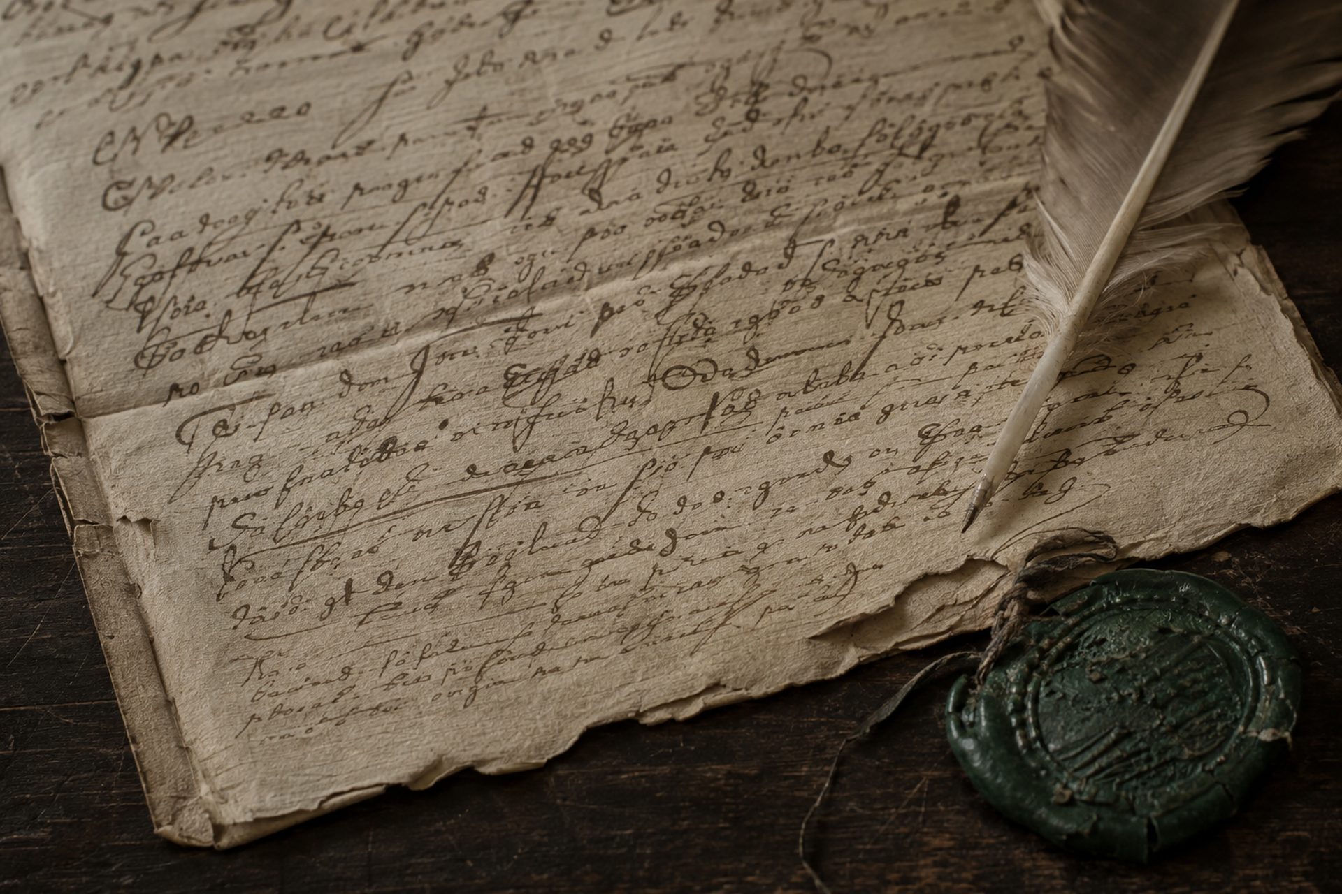 Ancien acte notarié manuscrit, plume d’oie et cachet de cire verte