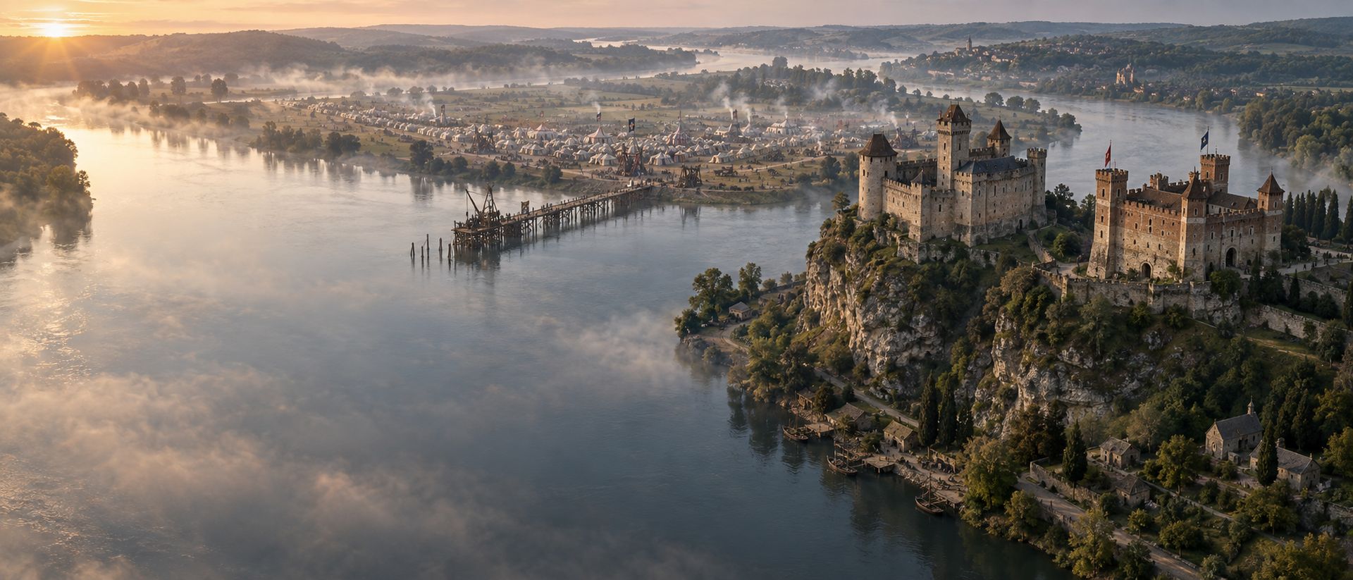 Évocation : vue aérienne à l'aube du confluent du Lot et de la Garonne, deux châteaux sur l'éperon, le camp de siège et un pont de bois inachevé