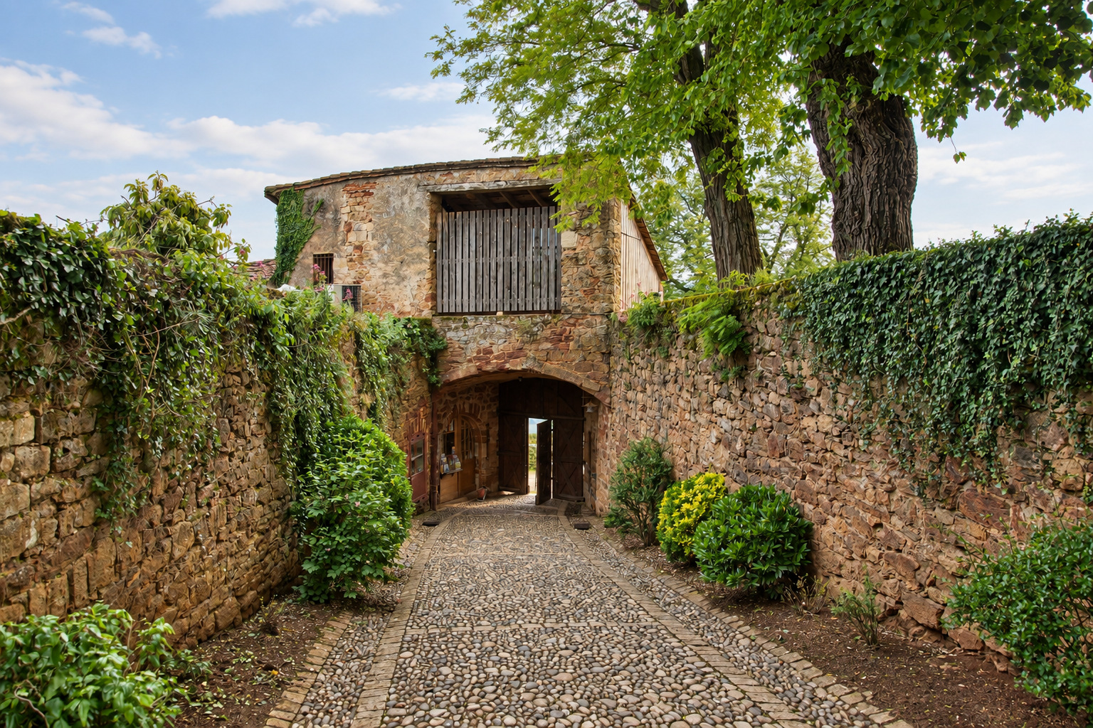 Chemin pavé descendant vers la sortie du château sous de grands arbres