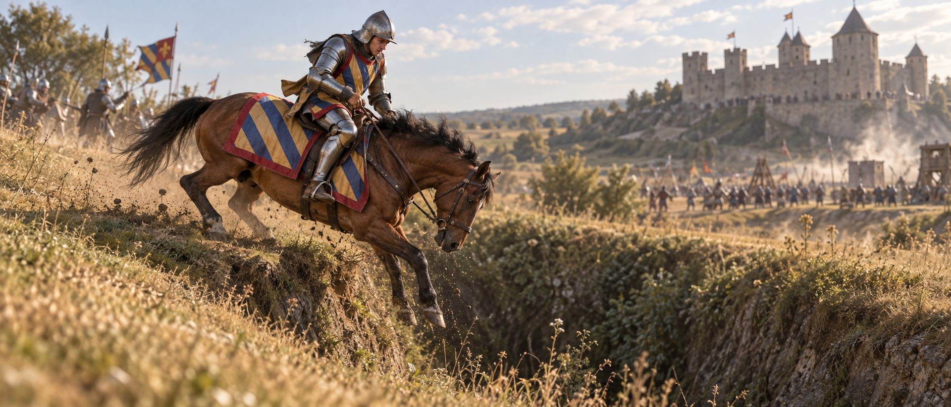 Évocation : un jeune chevalier aux couleurs de Bourgogne, sur un cheval qui bronche au bord d'un fossé, un château assiégé à l'horizon