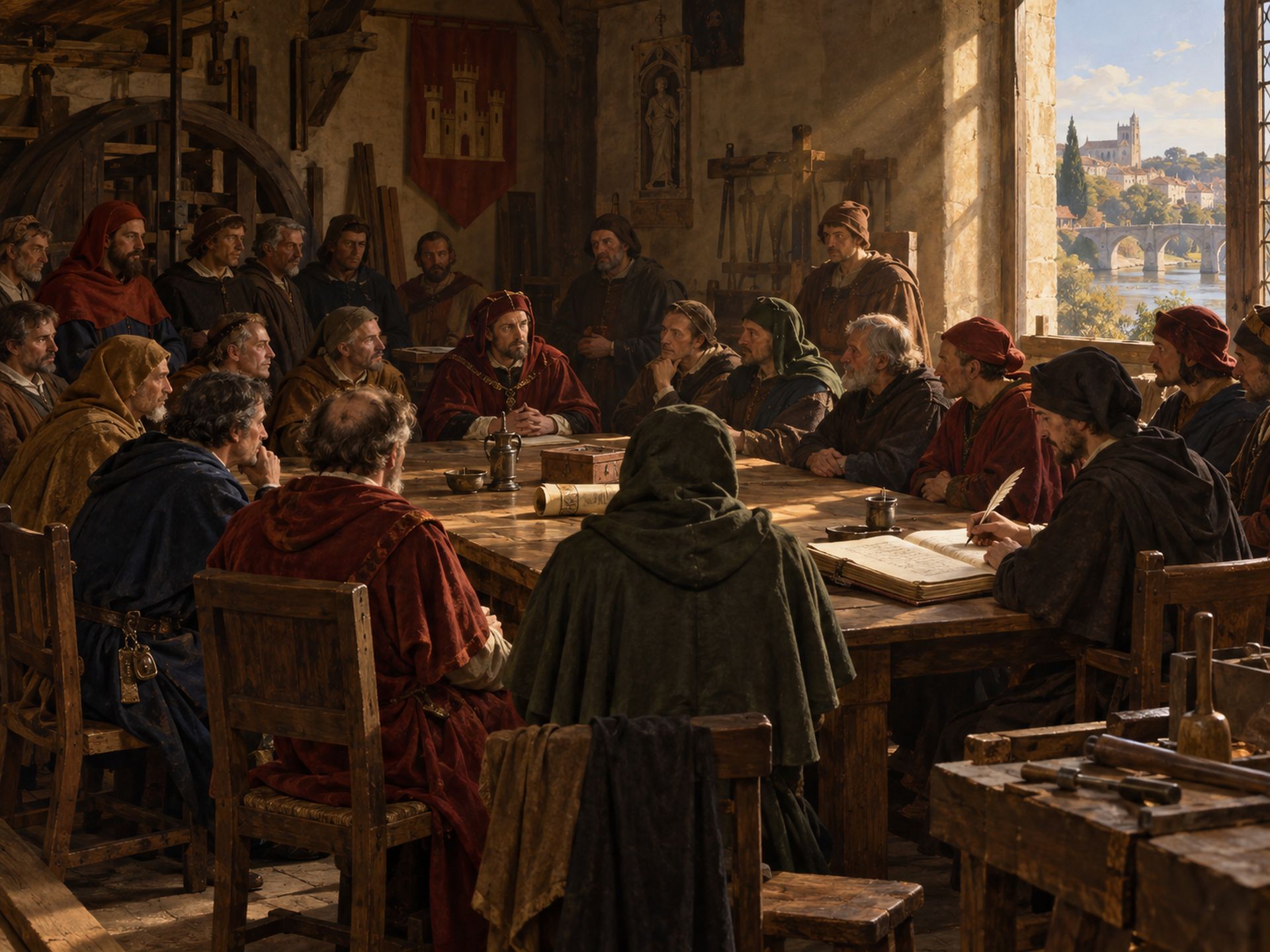 Évocation : une vingtaine d'hommes en robes et chaperons autour d'une table de chêne, un greffier écrivant dans un registre