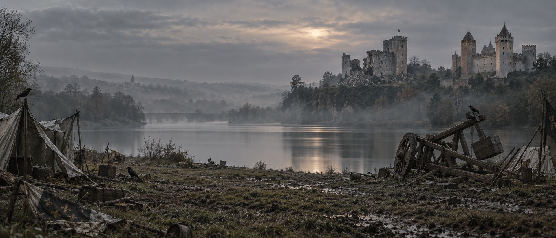 Évocation : le camp abandonné au bord de la rivière, un engin renversé, les châteaux dans la brume