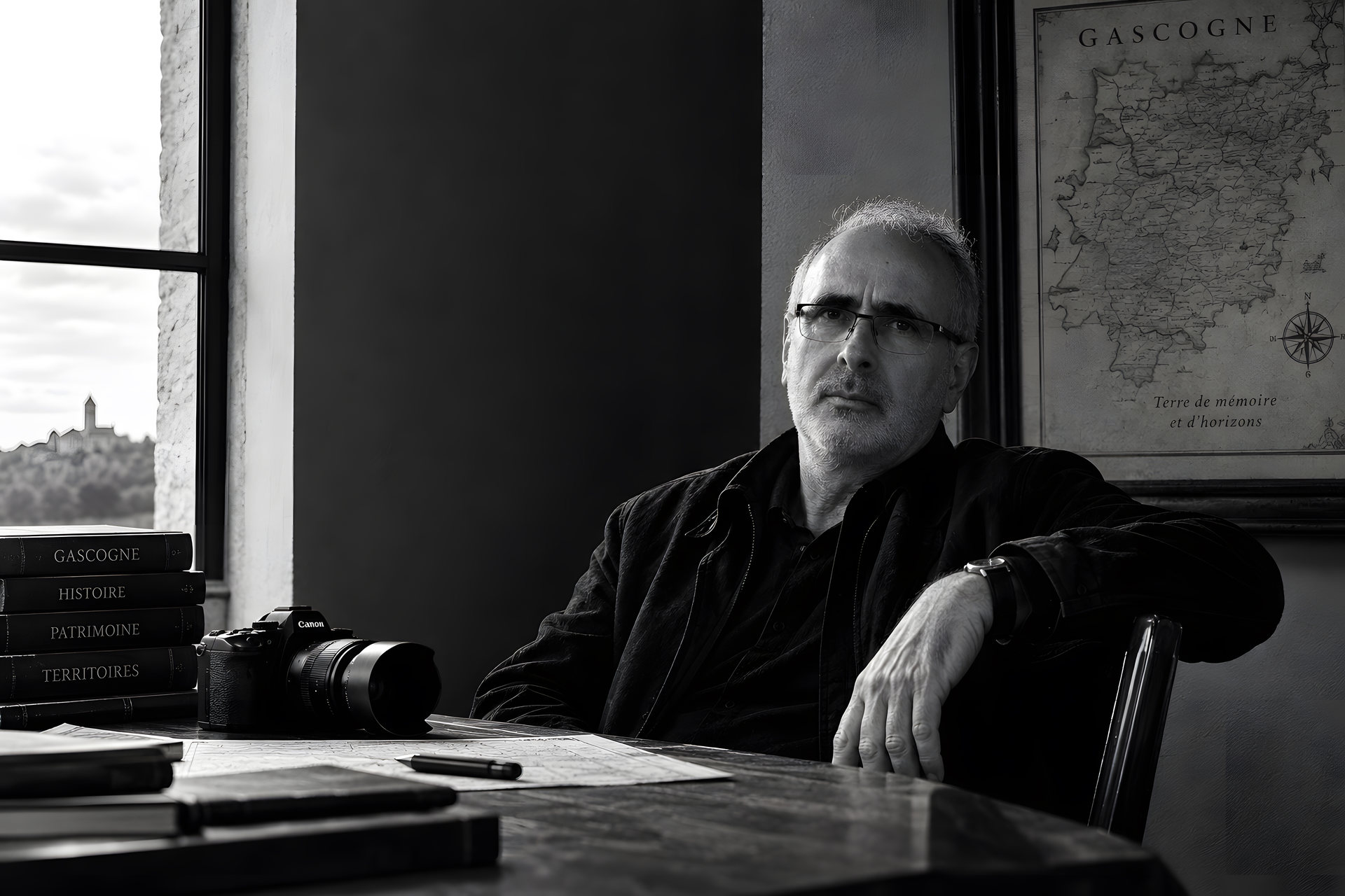 Fred Augé, auteur de Chroniques Gasconnes, dans son espace de travail