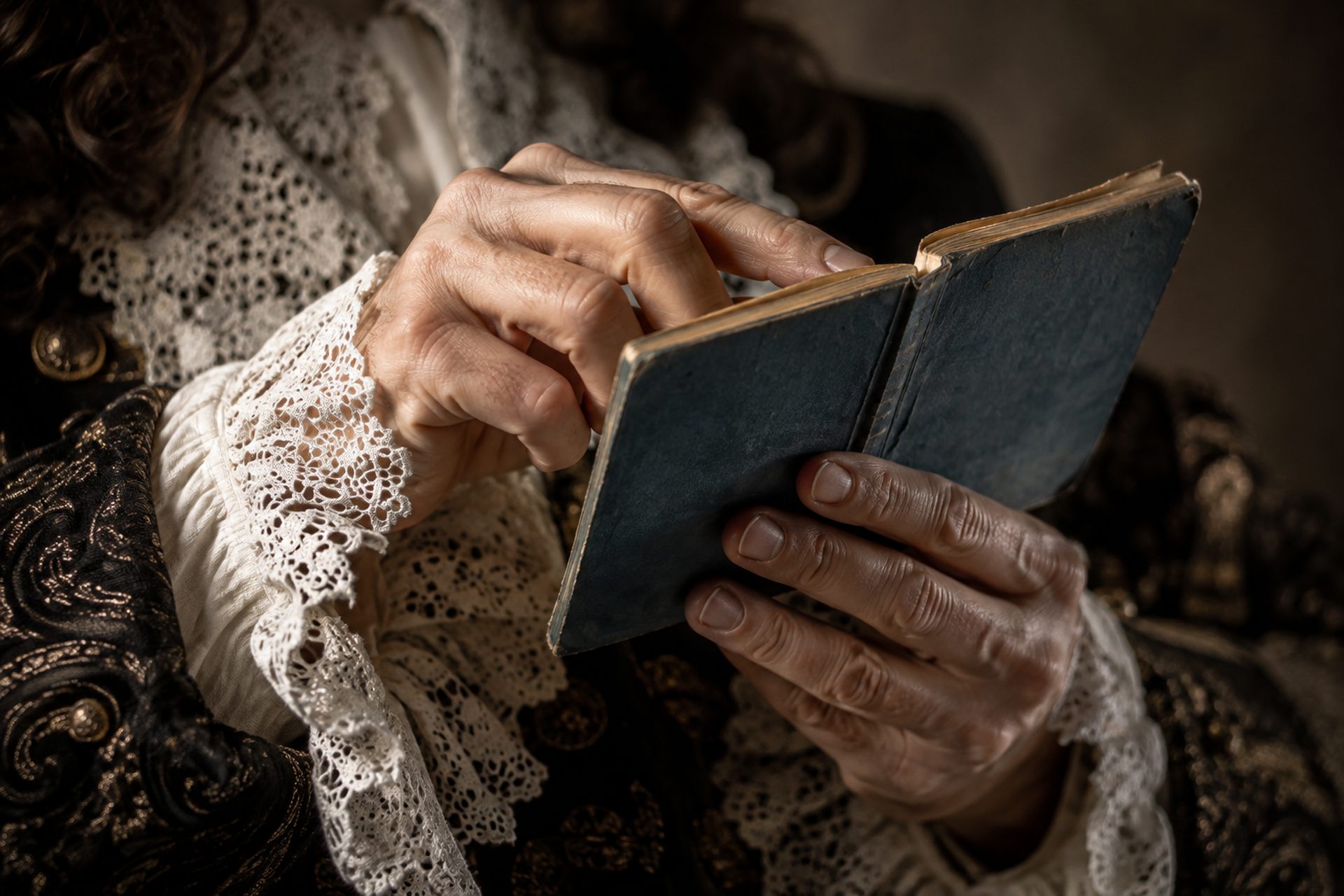 Reconstitution du duc de Roquelaure feuilletant un petit livre bleu ancien