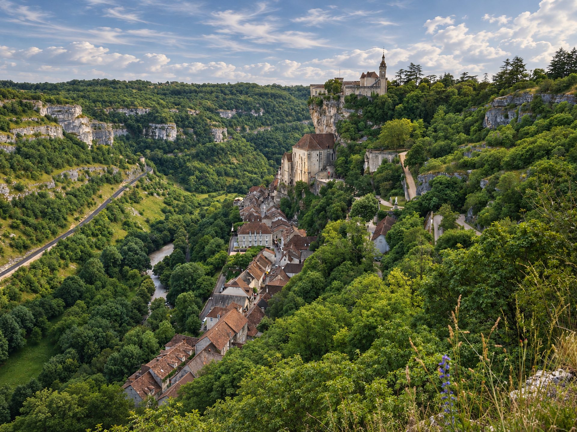 Vue générale de Rocamadour et du sanctuaire dominant la vallée de l'Alzou