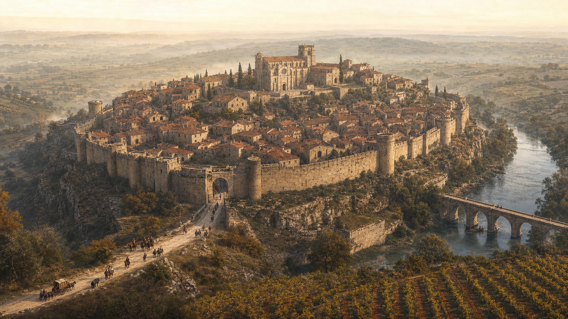 Vue illustrée de Béziers au début du XIIIe siècle, ceinte de murailles au bord de l’Orb