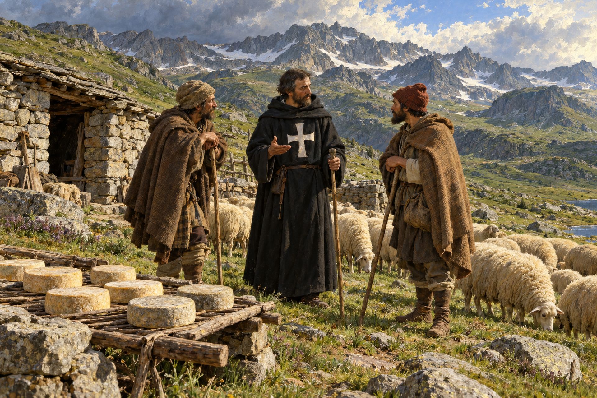 Évocation : sur une estive au pied des crêtes frontières, un frère servant en habit noir à croix blanche parle avec des bergers aragonais près d’un troupeau de brebis et de fromages séchant sur une claie