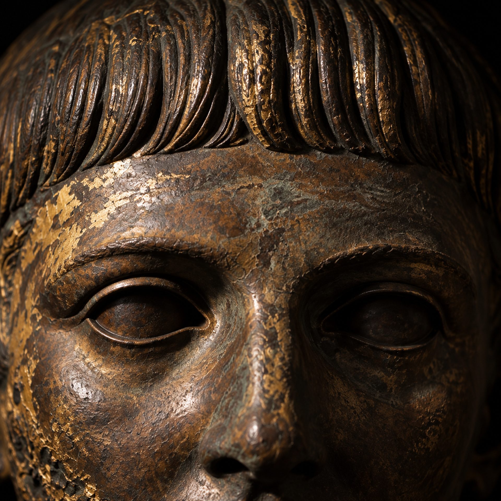 Gros plan sur le regard d'une tête antique en bronze