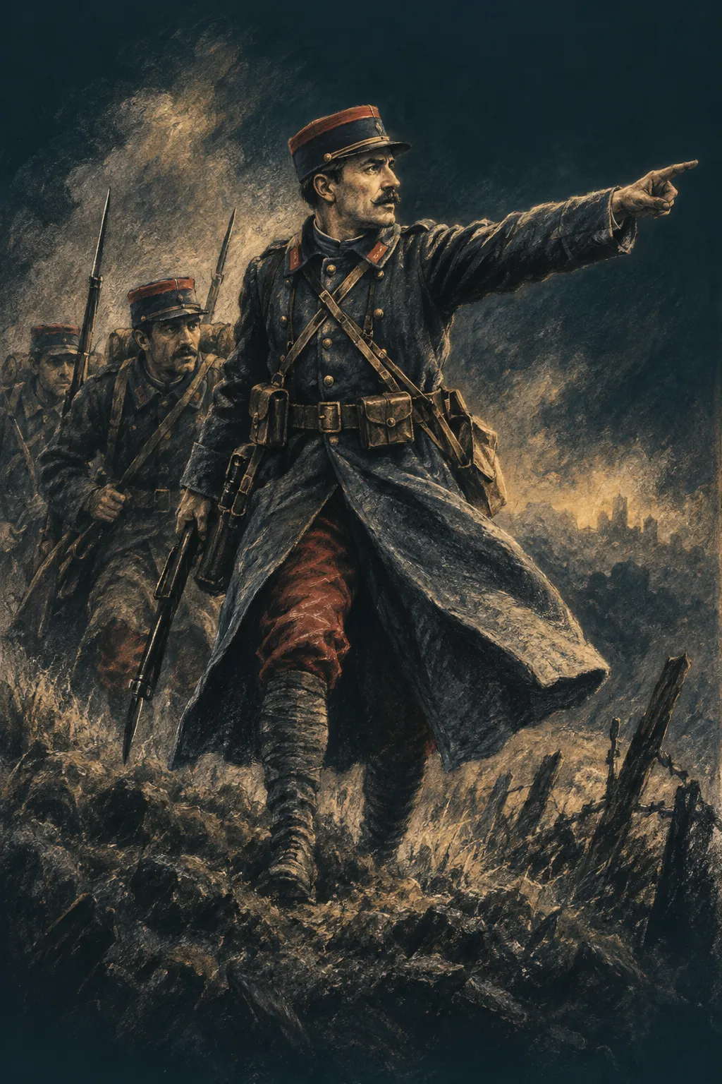 Fusain représentant un soldat français de 1914 pointant une direction et entraînant ses hommes.