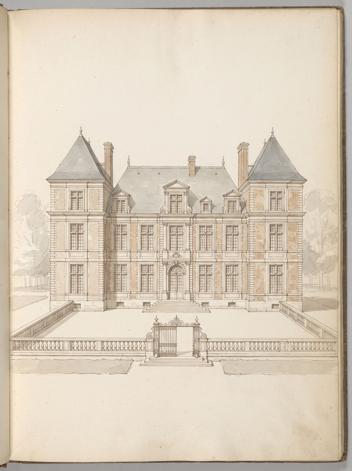 Évocation : relevé à l’aquarelle d’un château du XVIIe siècle à deux pavillons carrés, cour d’honneur fermée de balustres