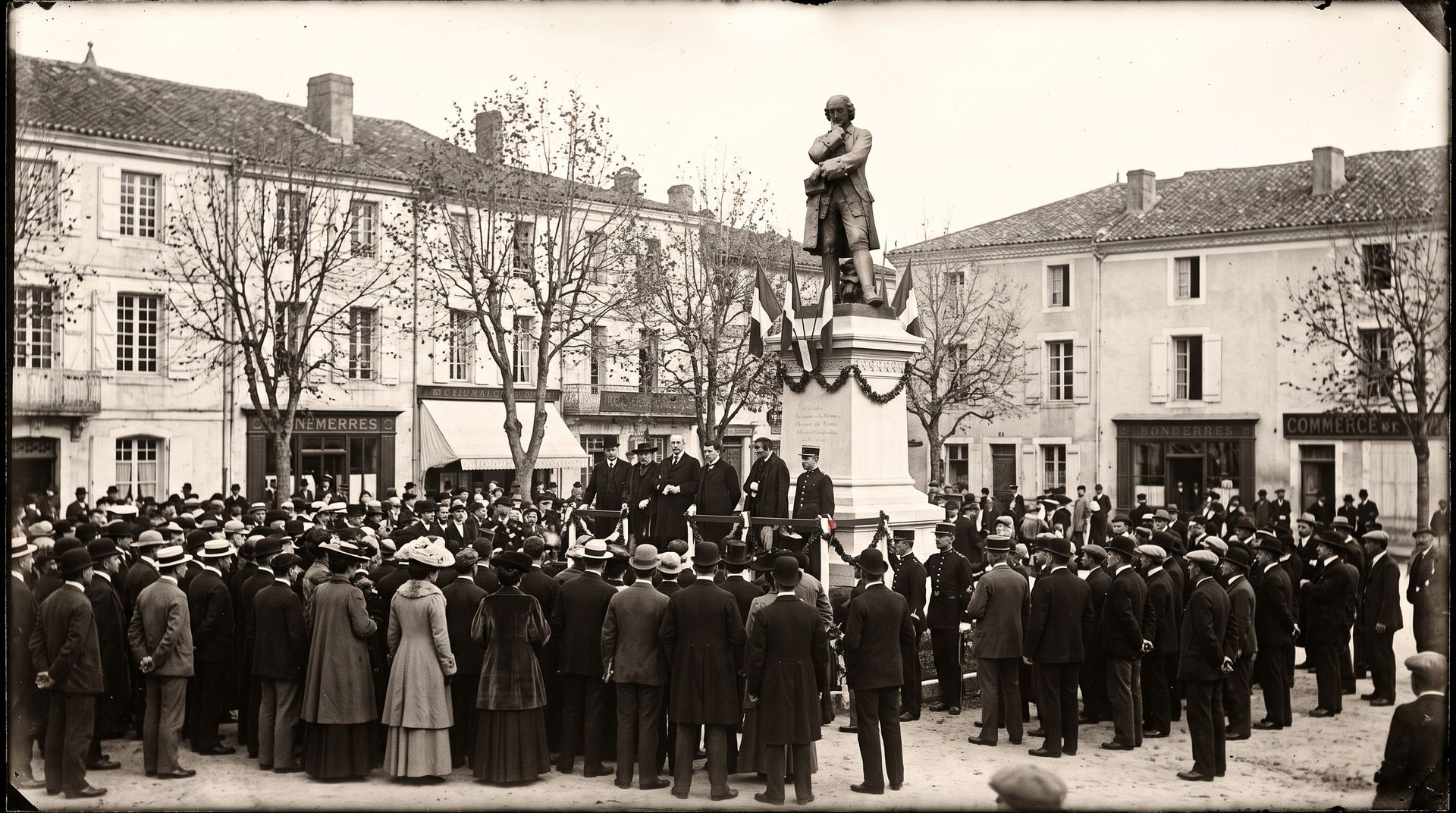 Évocation à la manière d’une photographie ancienne : une foule en chapeaux et manteaux autour d’une statue de bronze sur un haut piédestal, sur une place bordée de maisons