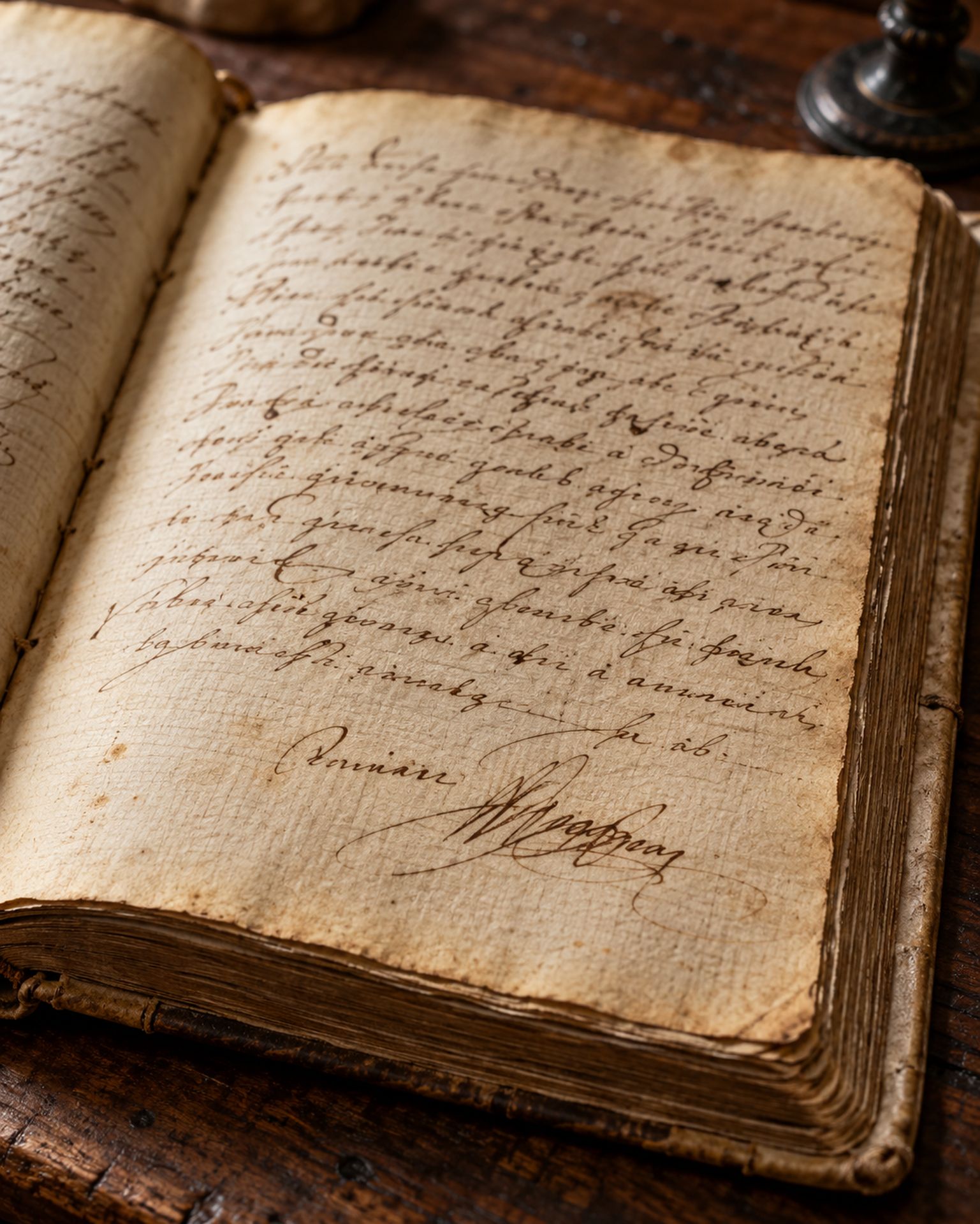 Évocation : un registre paroissial ouvert sur une table de bois, des lignes d’écriture brune et un grand paraphe
