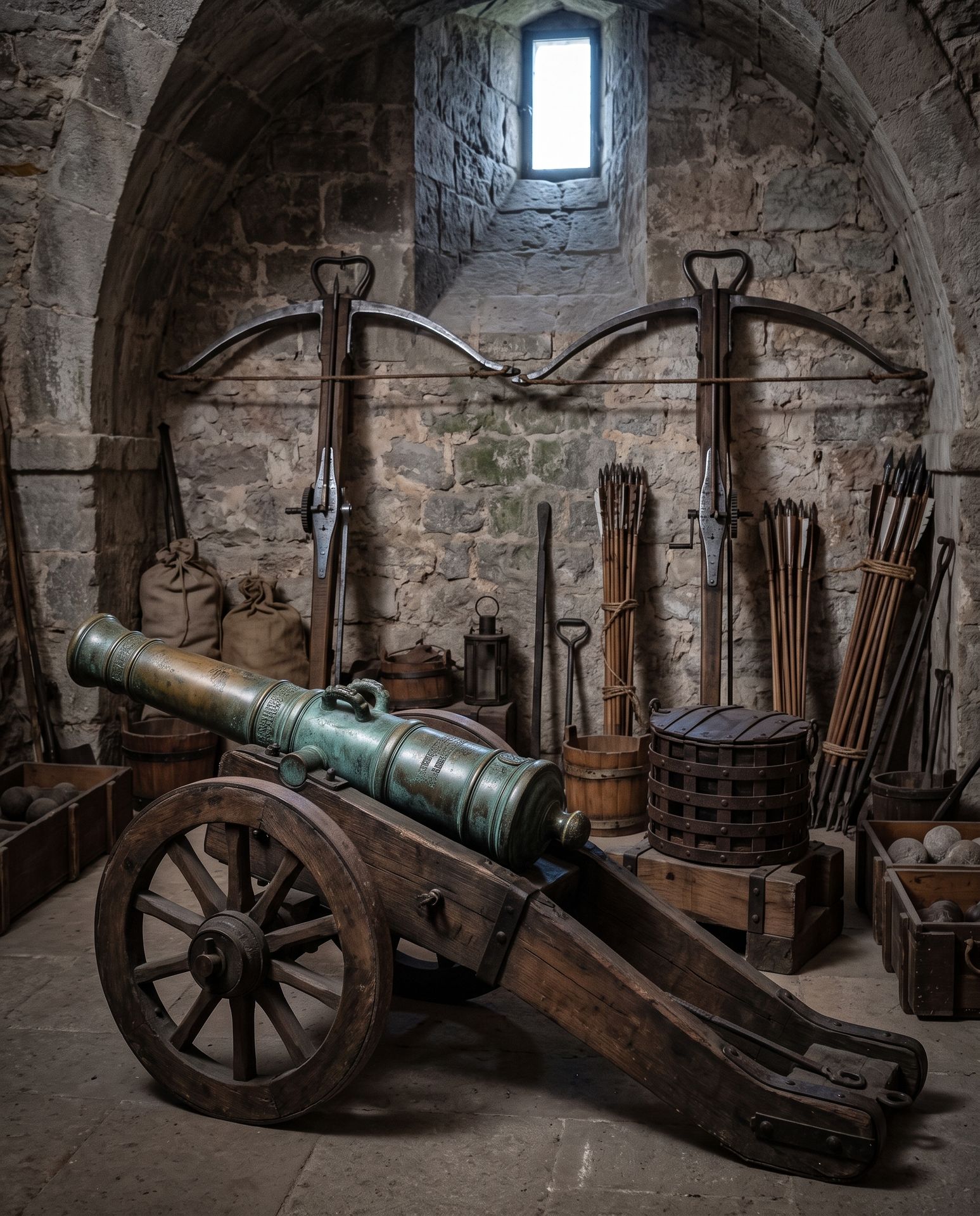 Évocation : pièce de bronze sur affût de bois à roues, grosses arbalètes accrochées au mur, traits et barils dans une salle voûtée