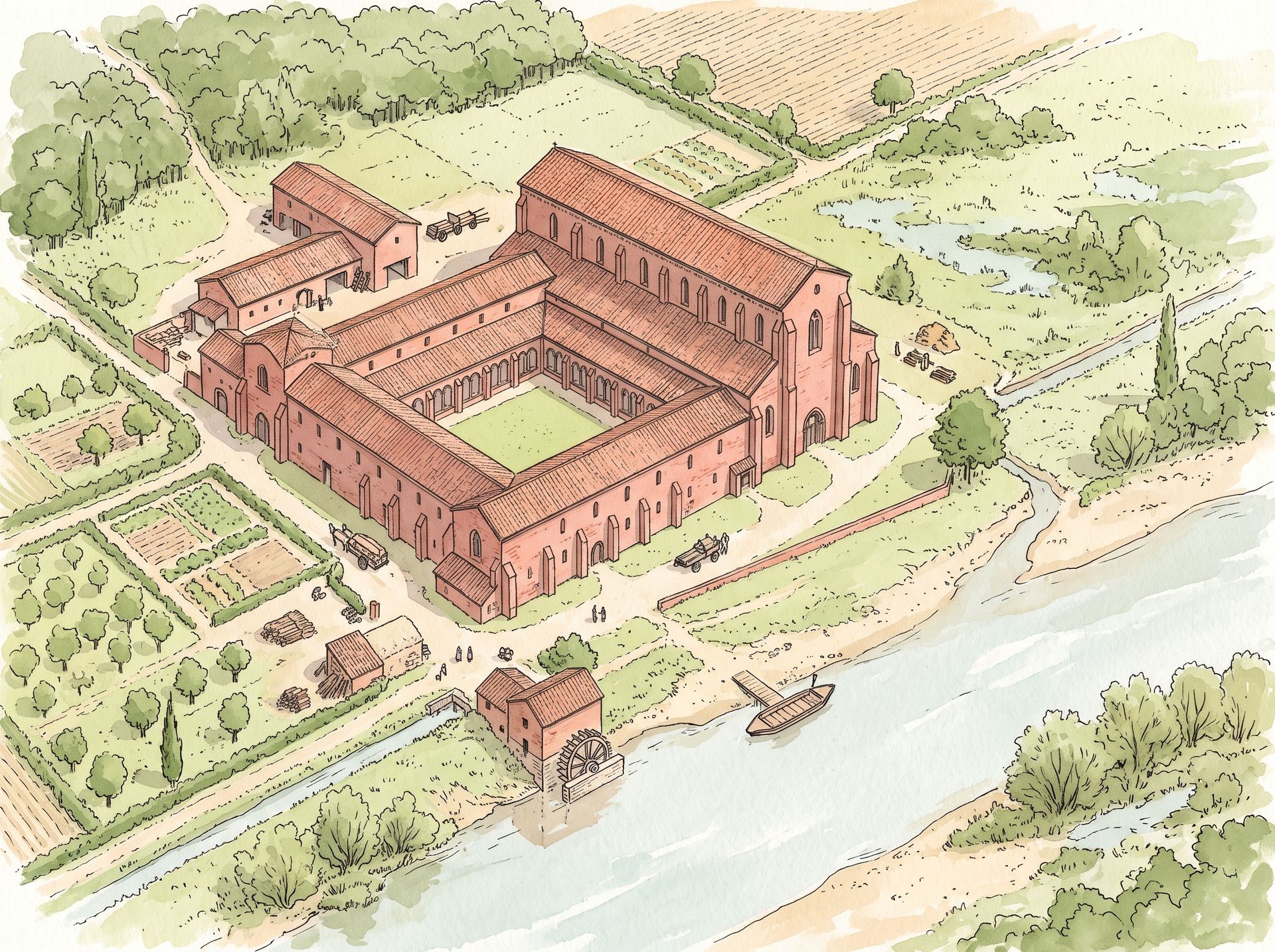 Évocation : l’abbaye de Belleperche restituée au bord de la Garonne, église de brique à trois nefs, cloître et bâtiments, une barque amarrée au port
