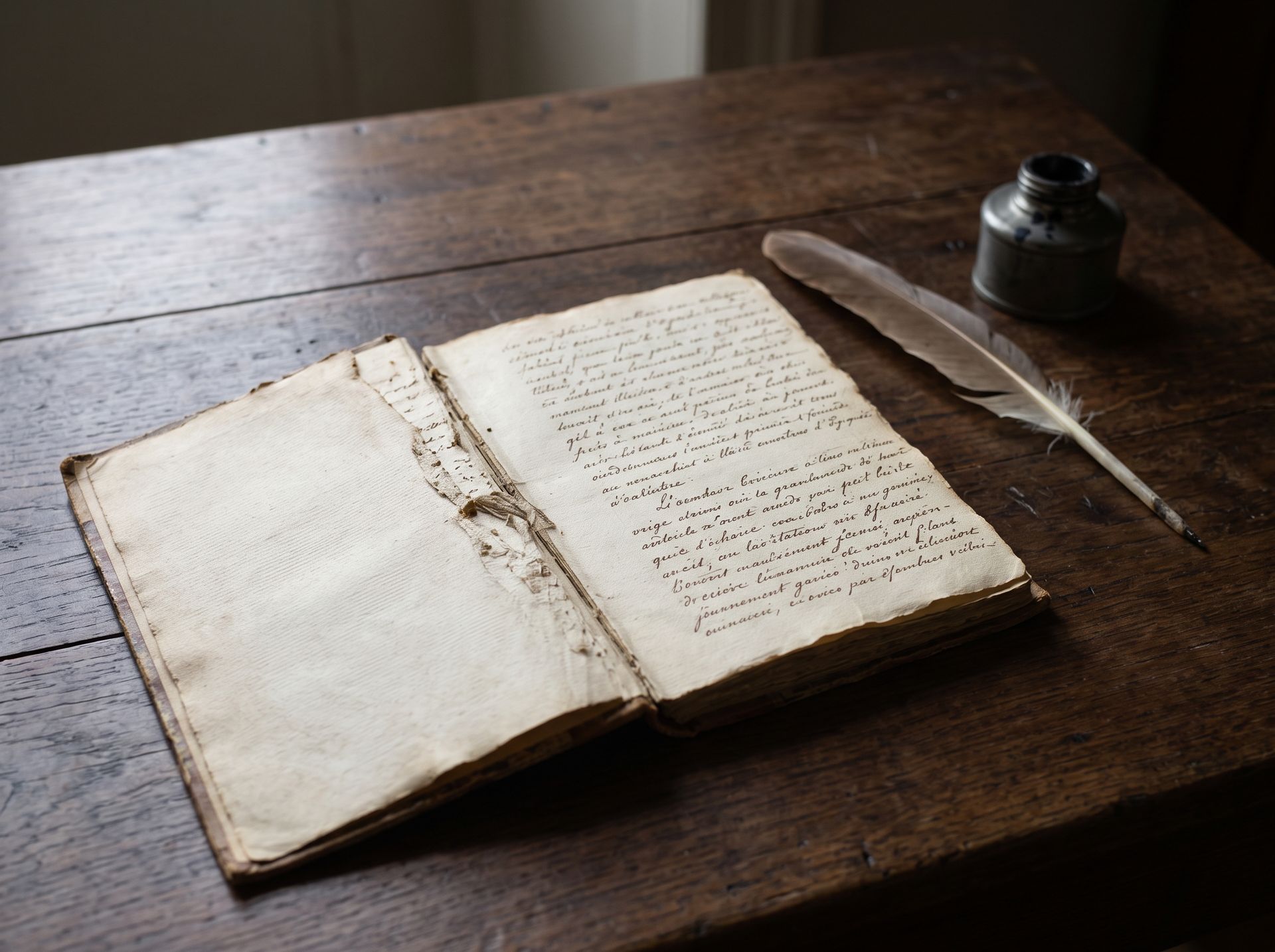 Évocation : un petit cahier manuscrit ancien ouvert sur une table de bois, à côté d’une plume et d’un encrier d’étain ; un feuillet a été arraché