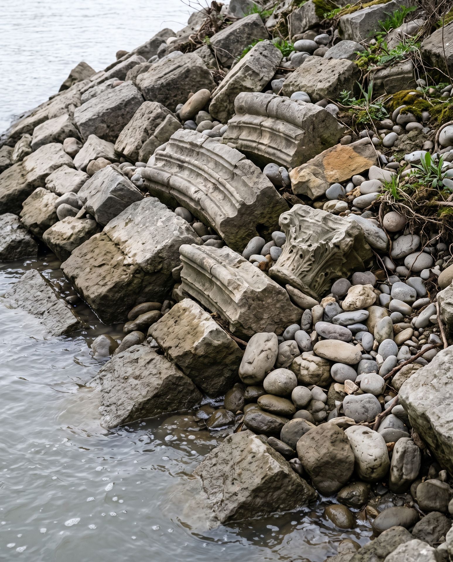 Évocation : des claveaux gothiques sculptés pris dans une digue de pierres au bord de la Garonne