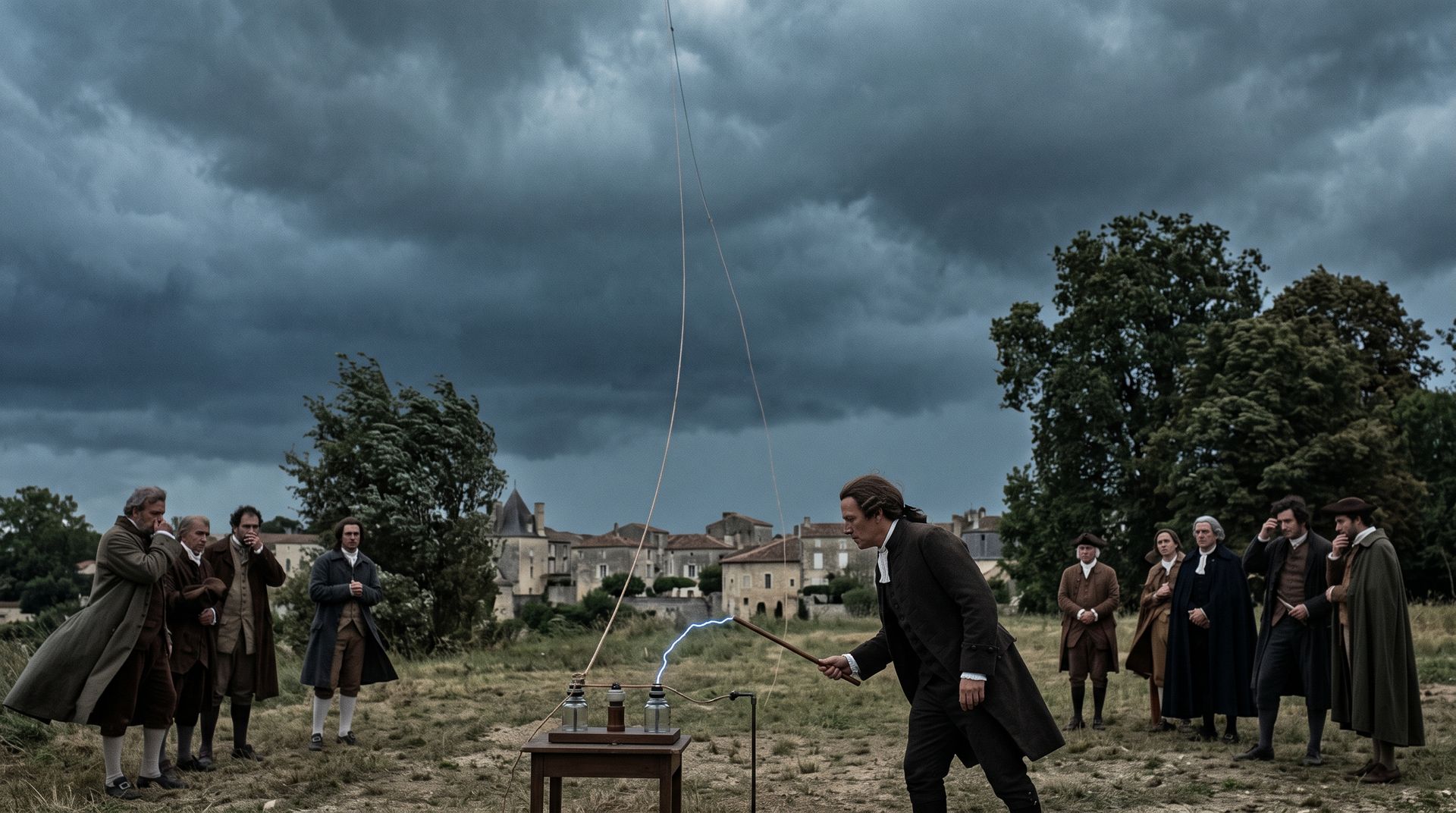 Évocation : dans un pré sous l’orage, un homme penché approche une tige d’un appareil posé sur une petite table, où jaillit une étincelle bleue ; des spectateurs en habits du XVIIIe siècle se tiennent à distance