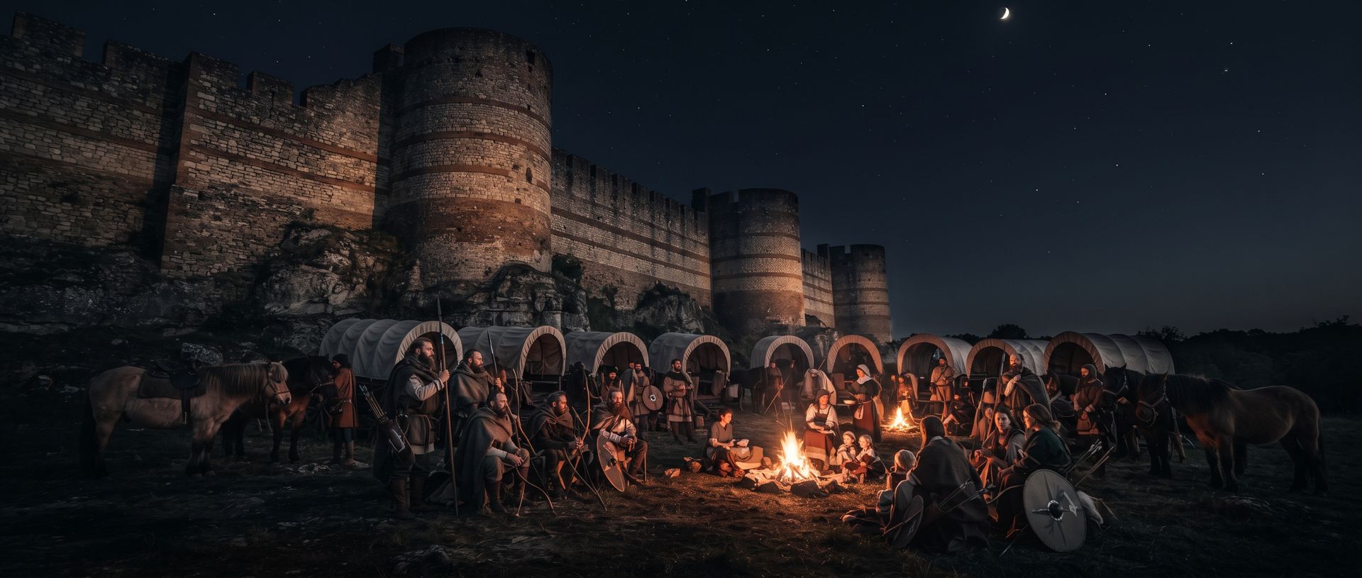 Évocation : de nuit, au pied de hauts remparts à tours rondes, des chariots bâchés en cercle autour d’un feu, des guerriers et des chevaux
