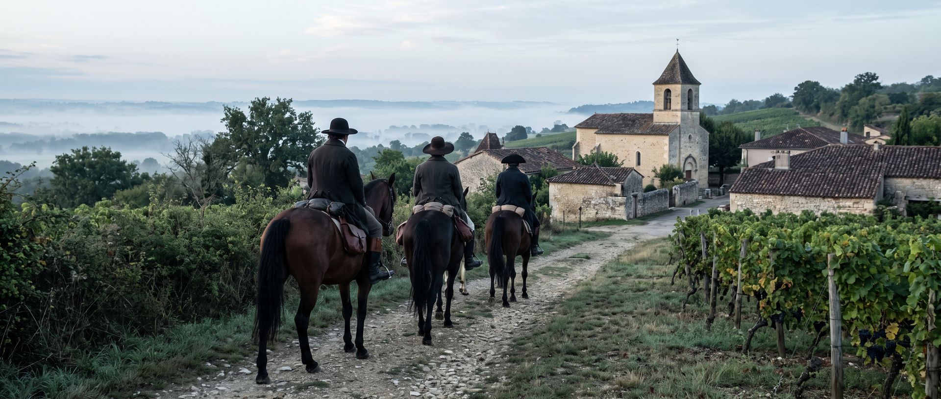 Évocation : au petit matin, trois cavaliers vêtus de noir quittent au pas un village de coteaux, entre les vignes, vers la vallée noyée de brume