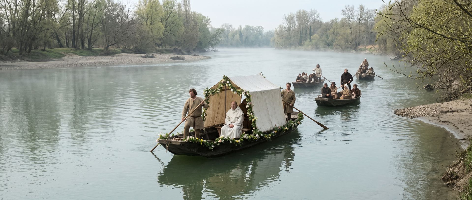 Évocation : par une matinée d’avril, une barque fleurie abritée d’une tente de toile blanche traverse la Garonne, suivie d’autres barques chargées de monde, entre des rives de peupliers