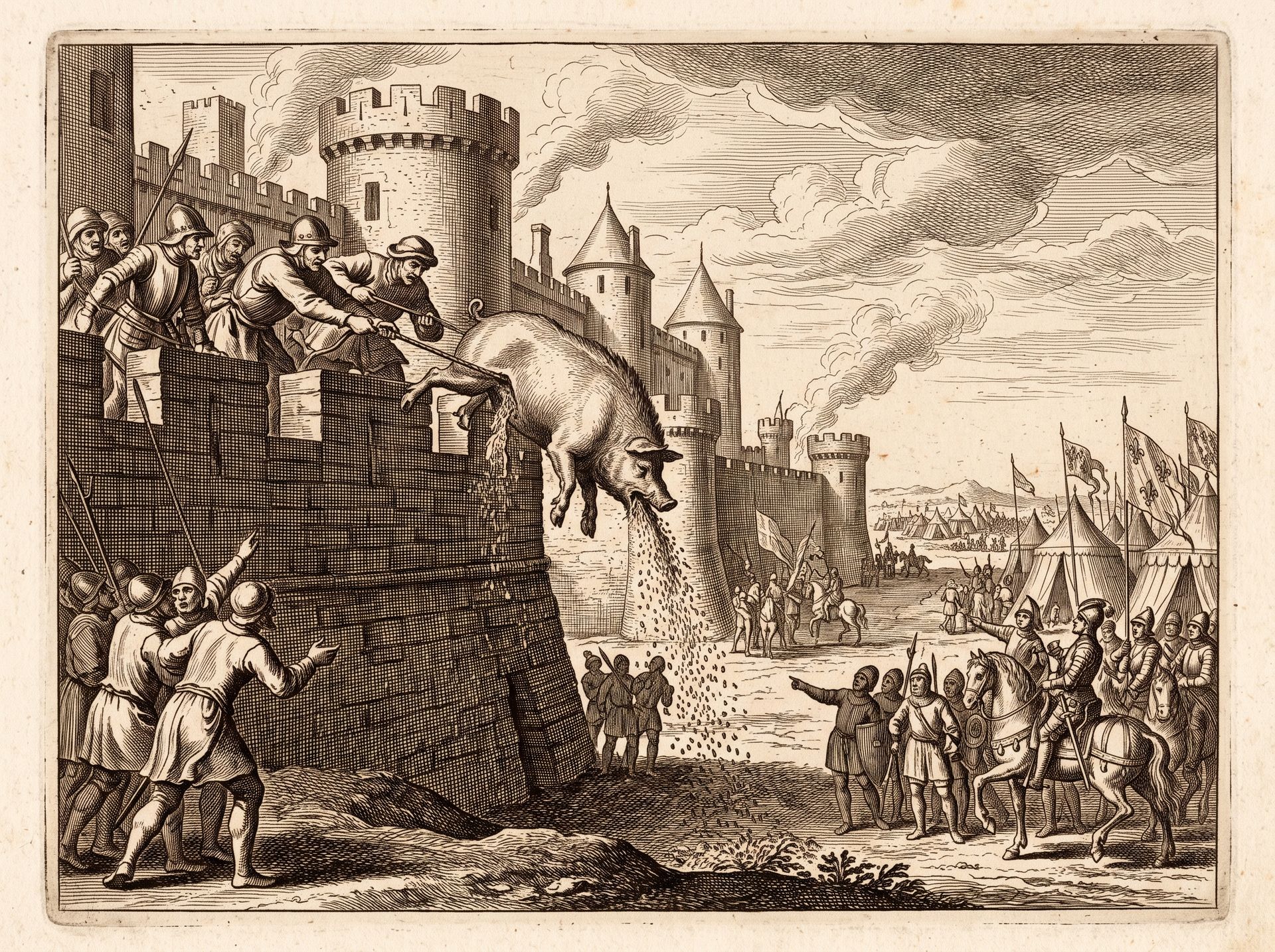 Évocation gravée : du haut des remparts d’une cité fortifiée, les défenseurs lancent un porc vers le camp de Charlemagne