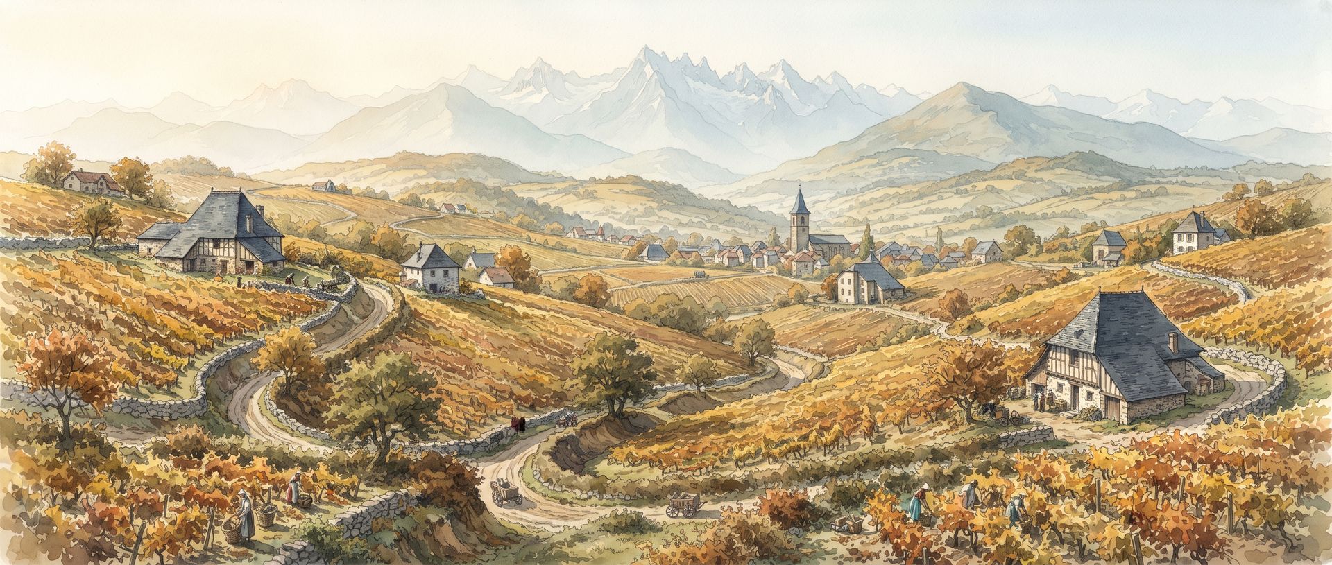 Évocation à l’aquarelle : coteaux de vigne en automne, vendangeurs, fermes aux toits d’ardoise et clocher de village au pied des montagnes
