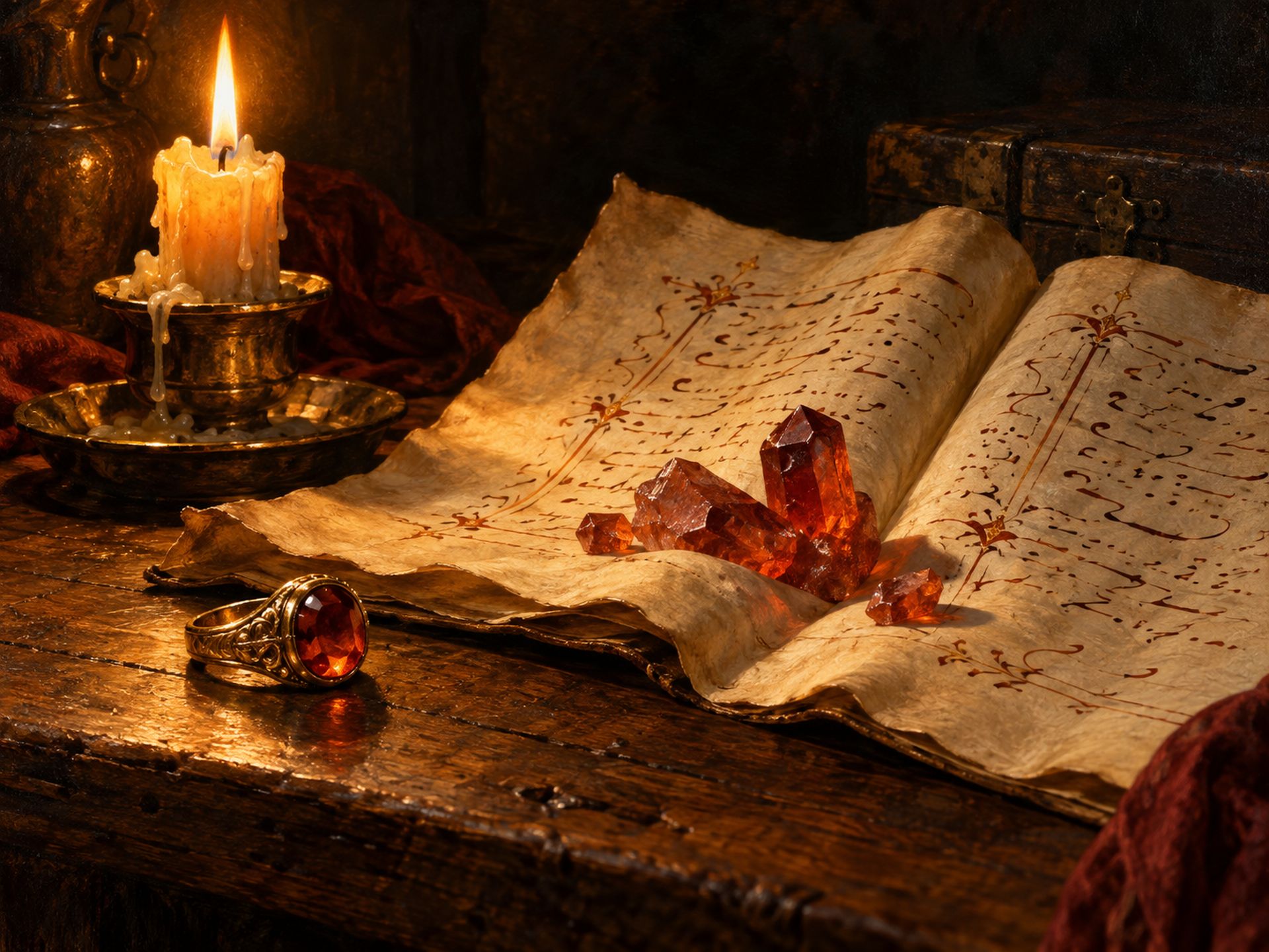 Évocation : à la lueur d’une chandelle, un manuscrit ouvert sur une table de chêne, un groupe de cristaux rouges posé sur la page et une bague sertie d’une pierre rouge