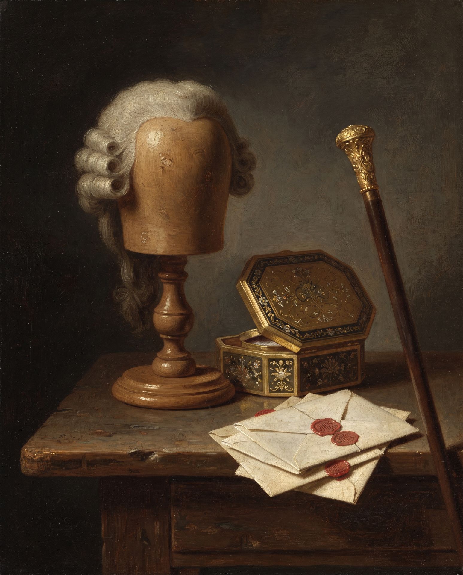 Évocation : perruque poudrée sur une tête de bois, tabatière dorée, canne à pomme d’or et lettres cachetées de cire rouge