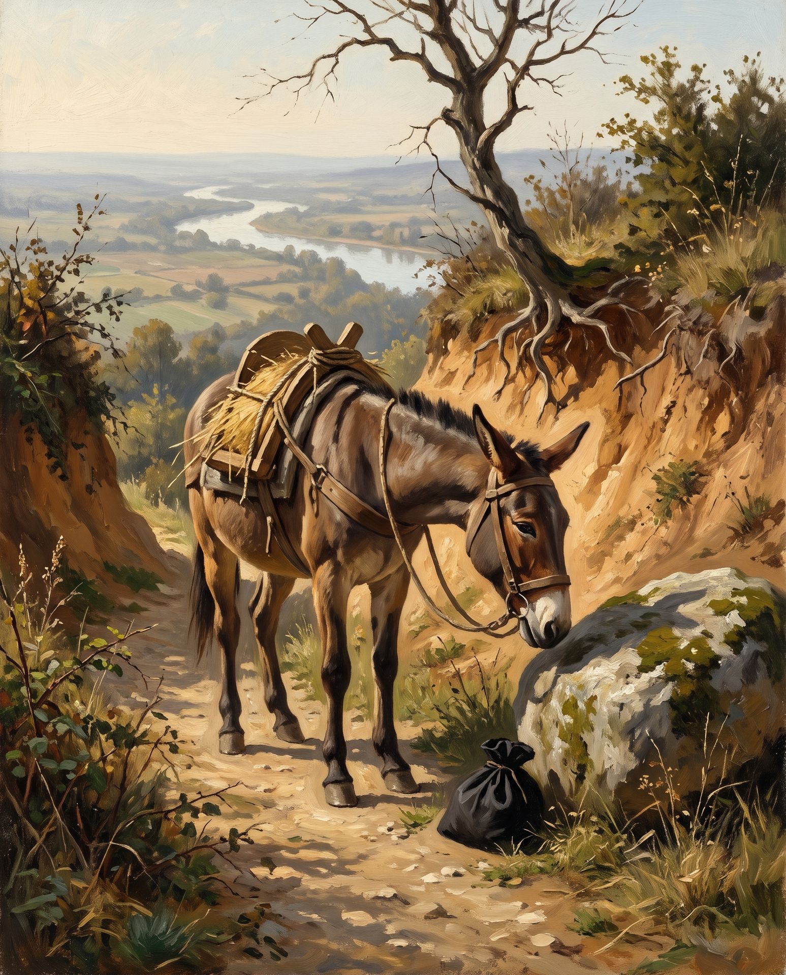 Évocation : sur un chemin de coteau, une mule harnachée baisse la tête vers une grosse pierre au pied de laquelle gît un petit sac d’étoffe noire