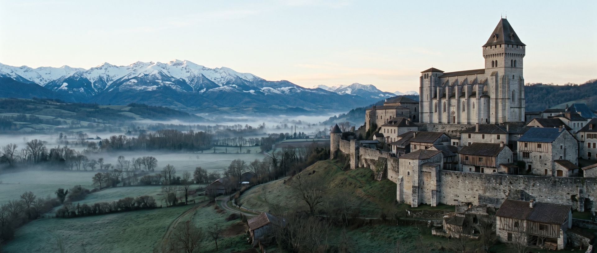 Évocation : la colline de Saint-Bertrand-de-Comminges et sa cathédrale au lever du jour, un matin de printemps, au-dessus de la vallée de la Garonne