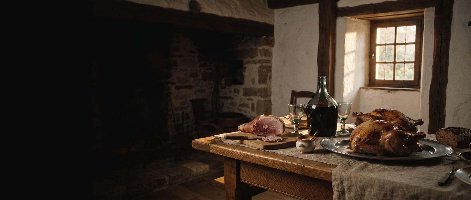 Évocation : salle de presbytère aux murs chaulés, table de bois portant des volailles rôties, un jambon et une dame-jeanne de vin, sous la lumière d’une fenêtre à petits carreaux