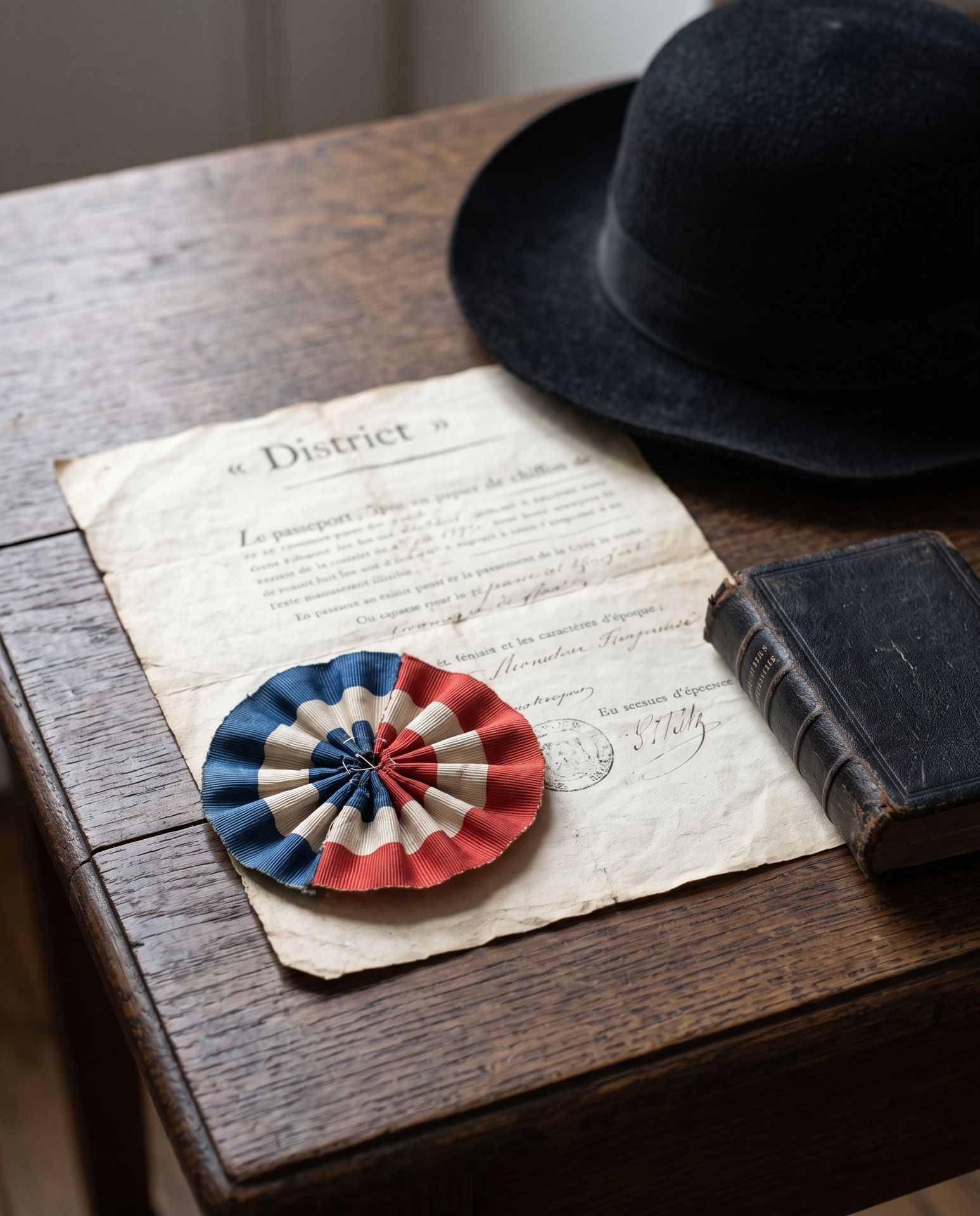 Évocation : un passeport de district posé sur une table, une cocarde tricolore, un chapeau noir et un petit livre relié
