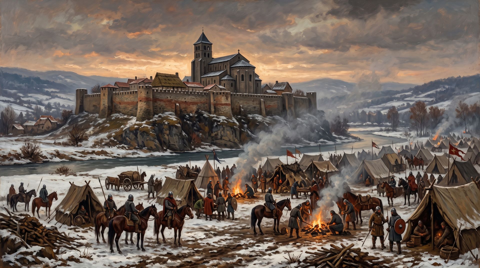 Évocation : la cité de Saint-Lizier sur sa butte, ceinte de murailles, au-dessus du Salat, au soir d'un jour d'hiver