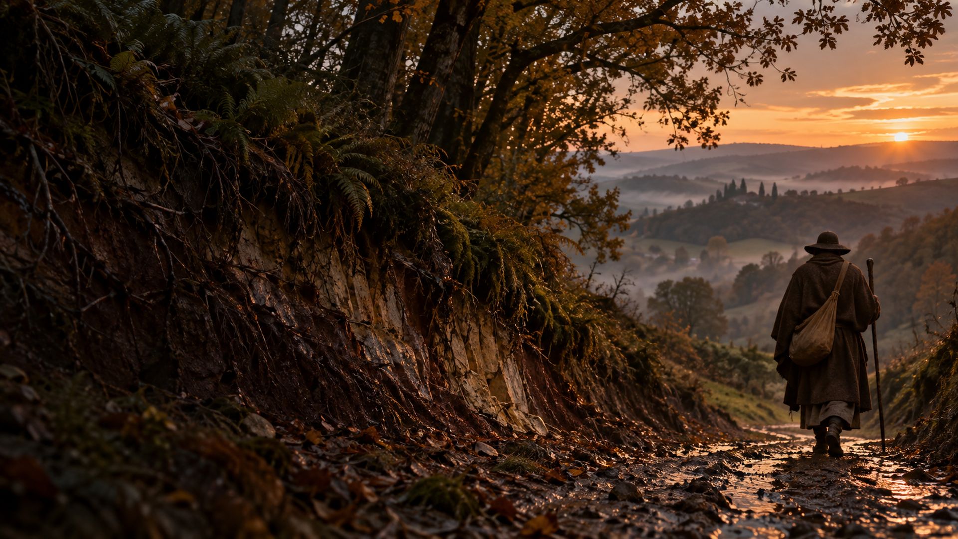 Évocation : un pèlerin en chape brune, chapeau de feutre, besace et bourdon, s’éloigne au soleil couchant sur un chemin creux bordé d’un talus d’argile, vers des coteaux embrumés