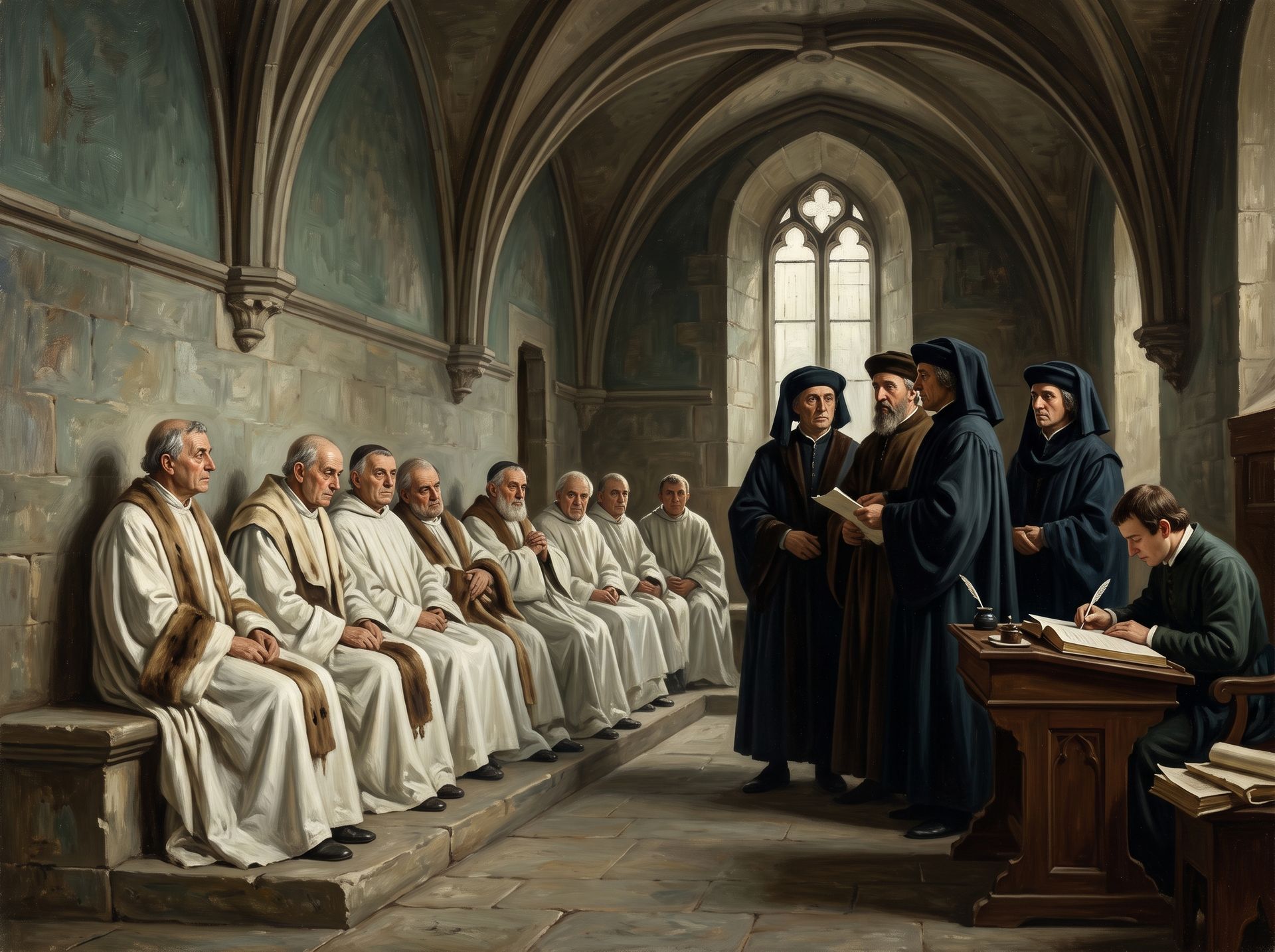 Évocation : salle capitulaire voûtée, chanoines en surplis assis, quatre consuls debout en robes et chaperons, un notaire écrivant