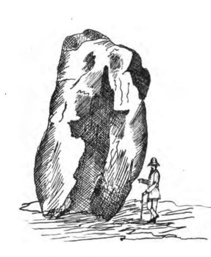 Le menhir de Sainte-Colombe, planche lithographiée de 1888 : un homme en chapeau se tient au pied de la pierre